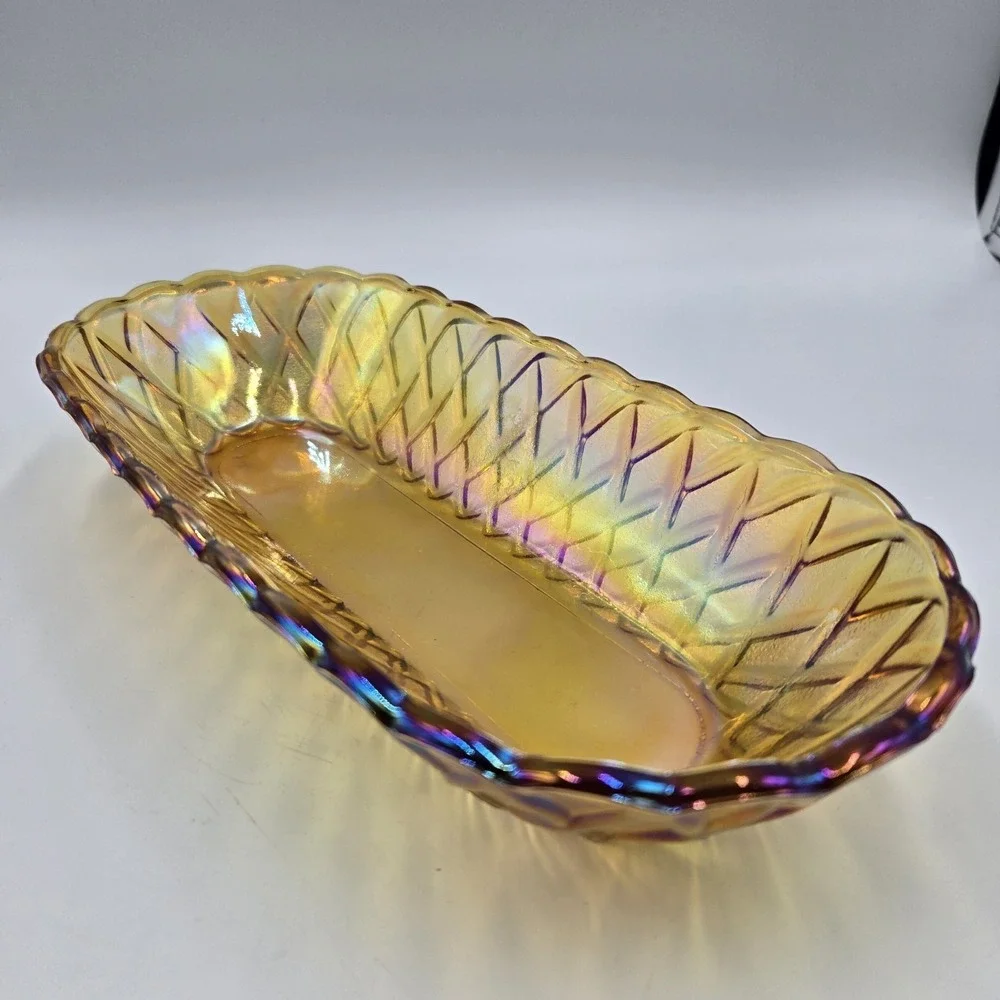 Vintage‎ Indiana Glass Oblong Bowls Relish Dish Iridescent Gold Carnival 10.5